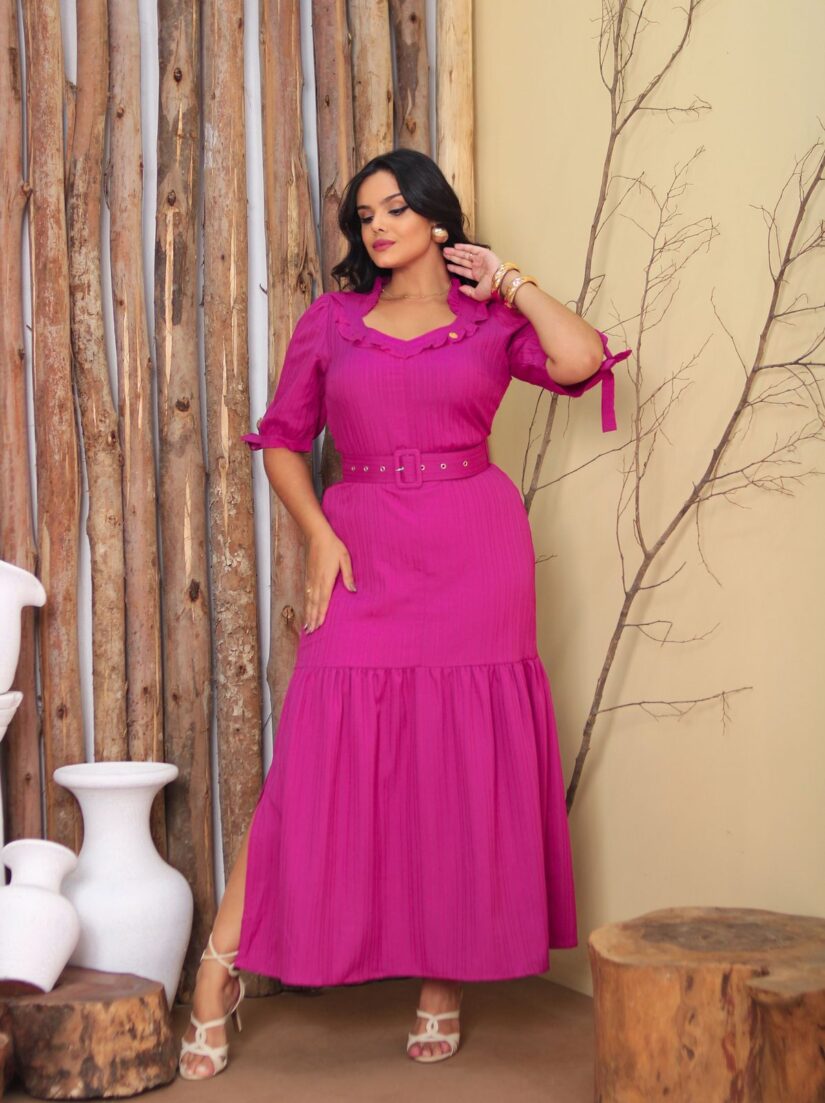 Vestido Max Midi  Creponada com cinto forrado 474 -